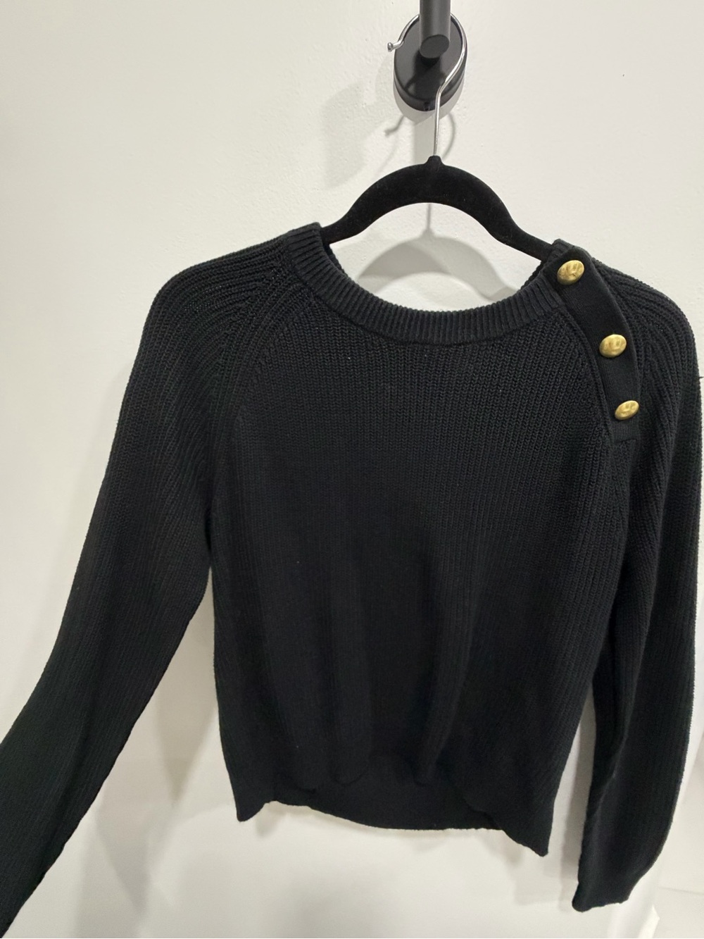 J. Crew Black Crewneck Sweater with Gold Shoulder Buttons